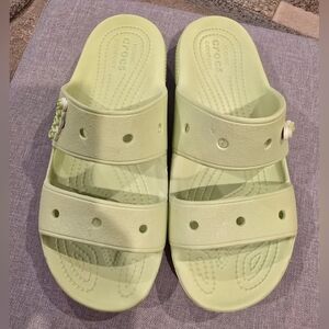 CROCS Light Green Slide Sandals With 2  Jibbitz, Women Size 9